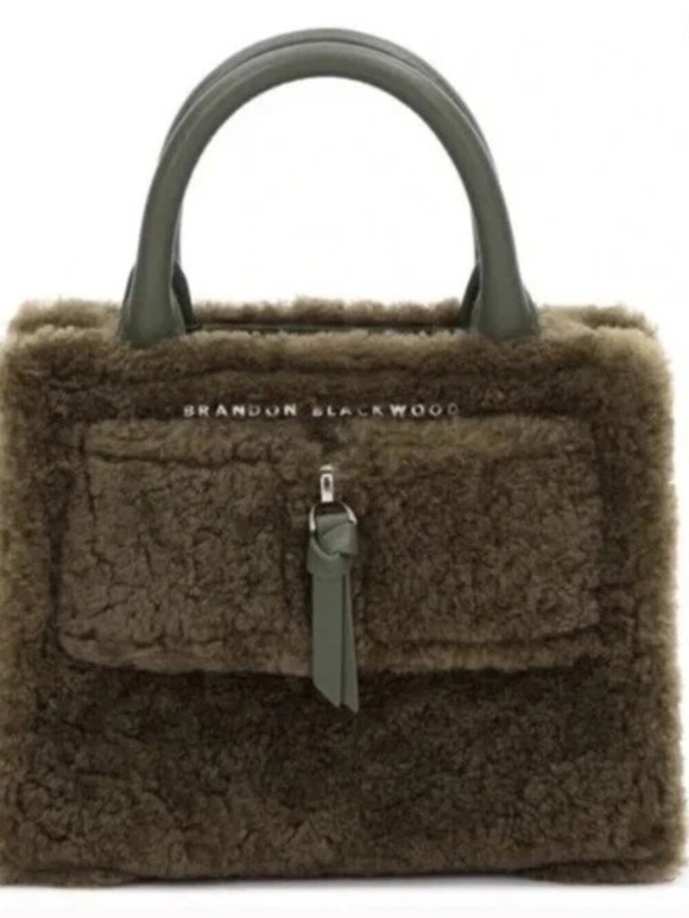 Brandon Blackwood Genuine Authentic Olive Green Fuzzy Shearling Tote Bag NWT